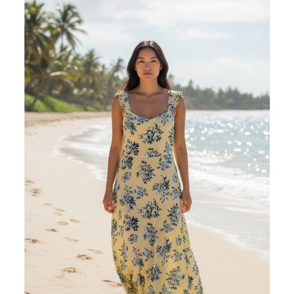 LOFT Dress Womens 2 Yellow Blue Floral Midi Ruffle Strap Fit Flare Sundress Boho
